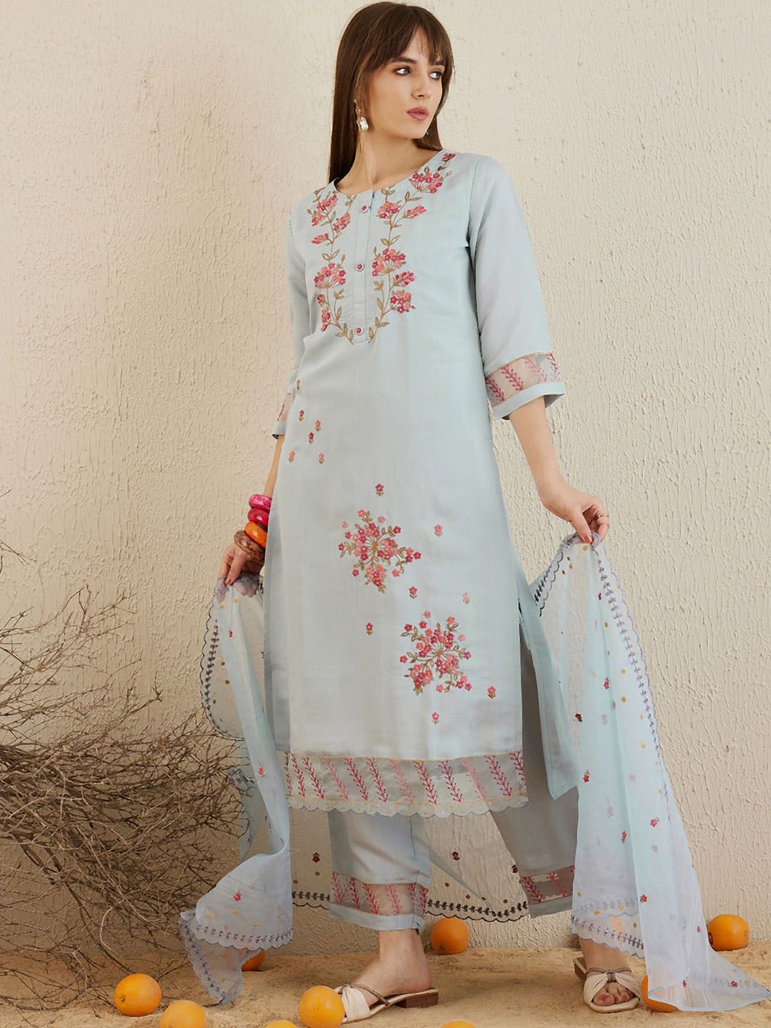 Dhiyona IE Floral Embroidered Round Neck Thread Work Kurta with Trousers & With Dupatta