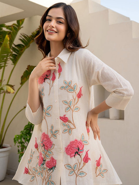 Dhiyona IE Floral Embroidered Thread Work Pure Cotton A-Line Kurta With Trousers