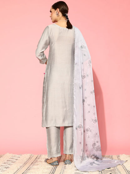 Dhiyona VA Women'sFloral Embroidered Regular Beads and Stones Kurta with Trousers & Dupatta