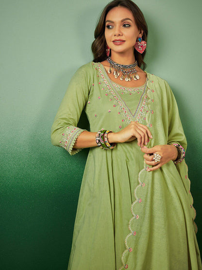Dhiyona SN Women's Sequence Embroidered Pure Cotton Anarkali Kurta With Trousers & Dupatta