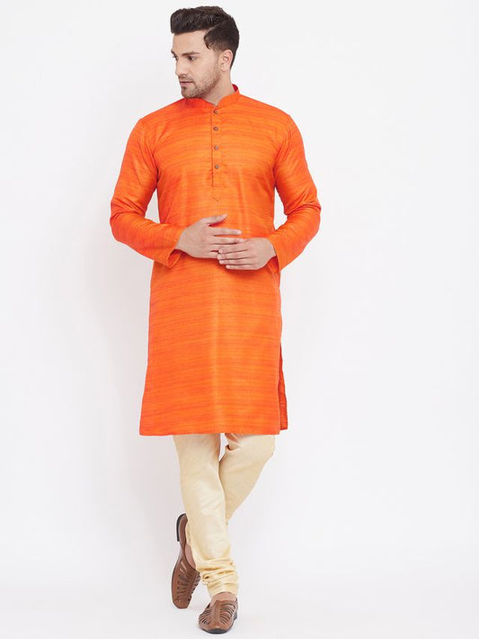 Men's Orange Silk Blend Straight Kurta Pyjama Set