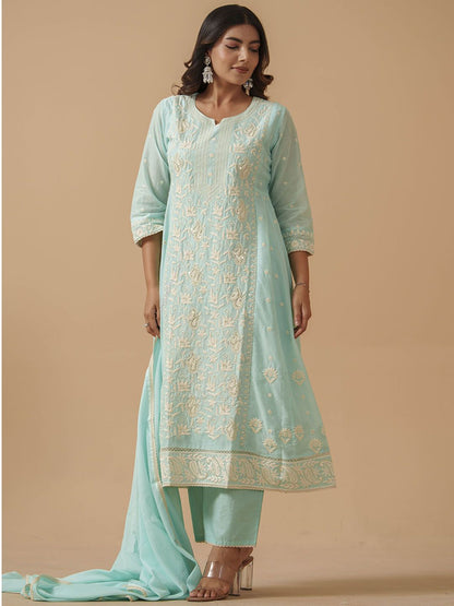 Dhiyona PD Women Women Pure Cotton Embroidered Cotton Kurta Trousers & Dupatta