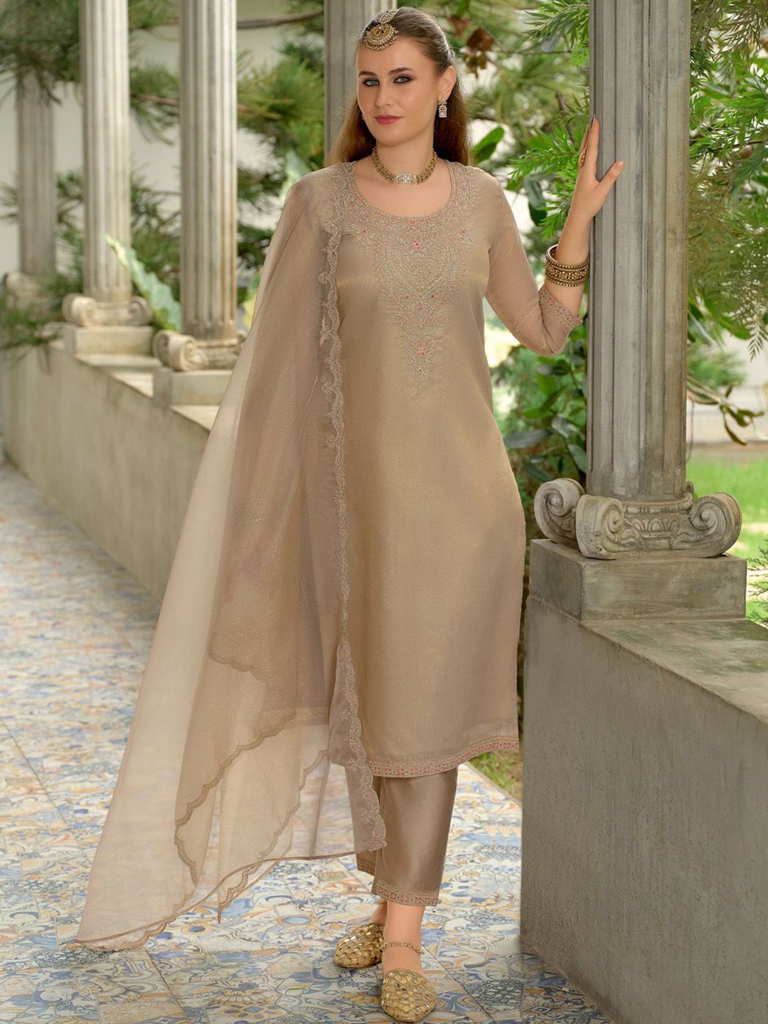Adults-Women Woven Design Embroidered Kurta with Trousers & Dupatta