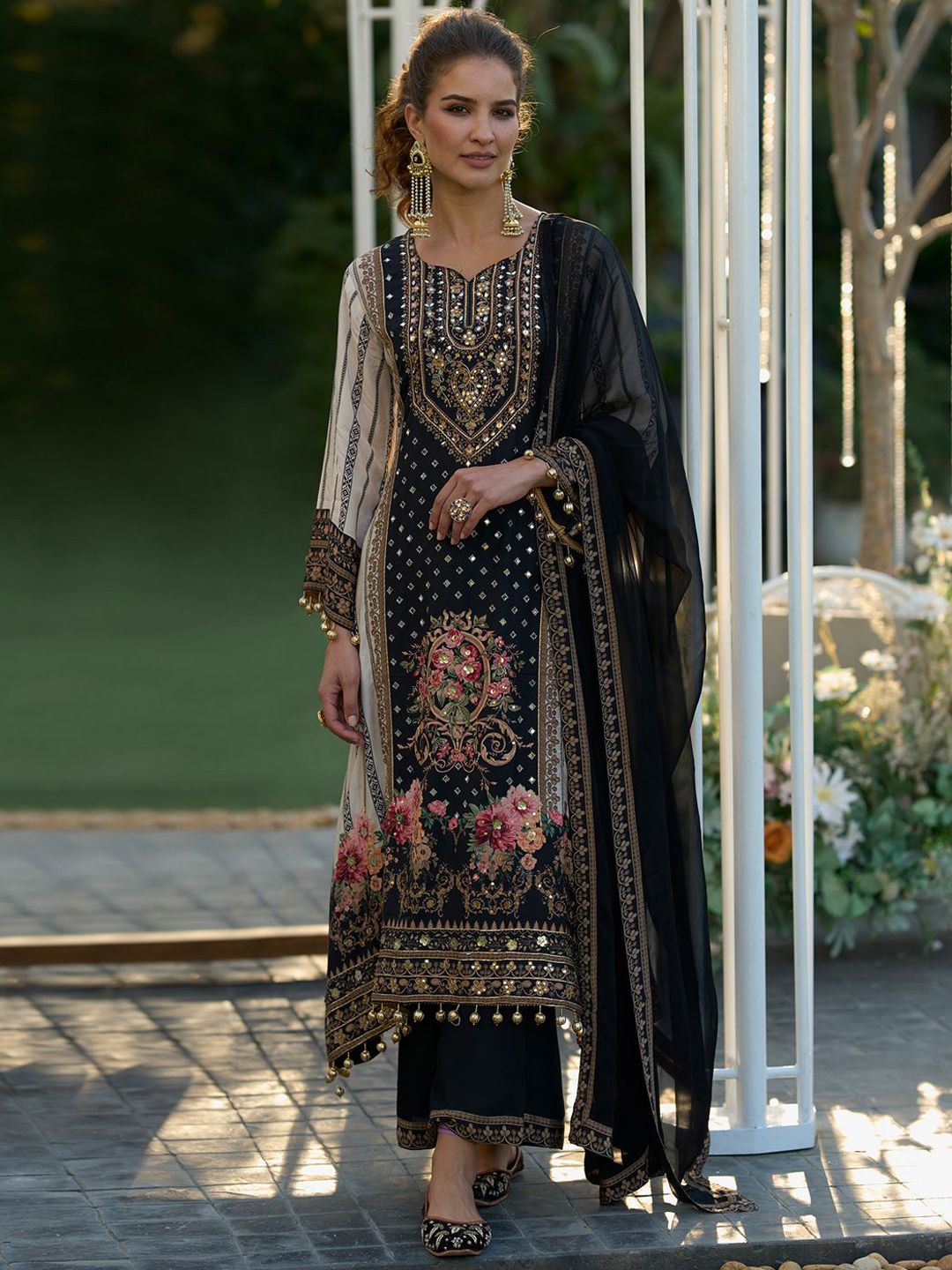 Floral Printed Sweetheart Neck Mirror Work Straight Kurta With Palazzos & Dupatta