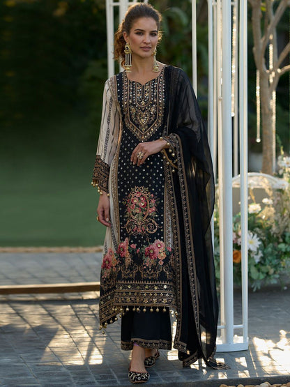 Floral Printed Sweetheart Neck Mirror Work Straight Kurta With Palazzos & Dupatta