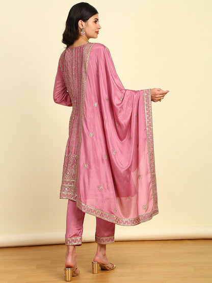 Dhiyona SO Women's Floral Embroidered Empire Sequinned Kurta with Trousers & Dupatta