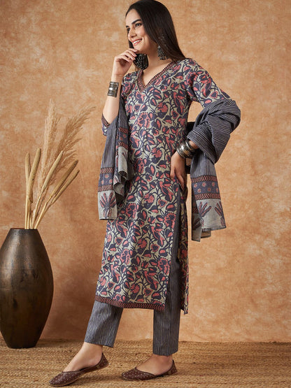 Dhiyona SN Women's Floral Printed Straight Kurta With Trousers & Dupatta