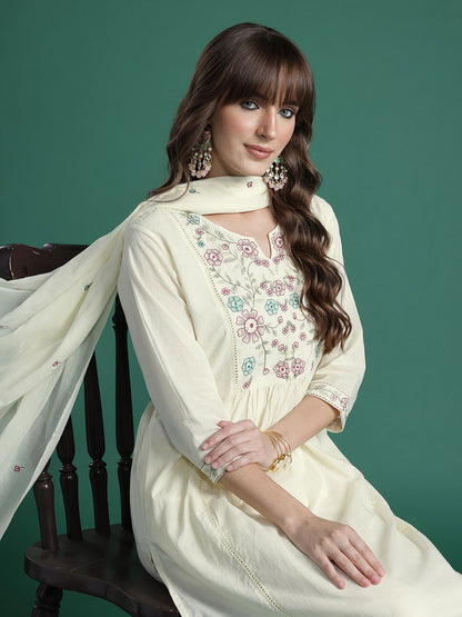 Dhiyona IE Floral Embroidered Pure Cotton Kurta with Trousers & Dupatta