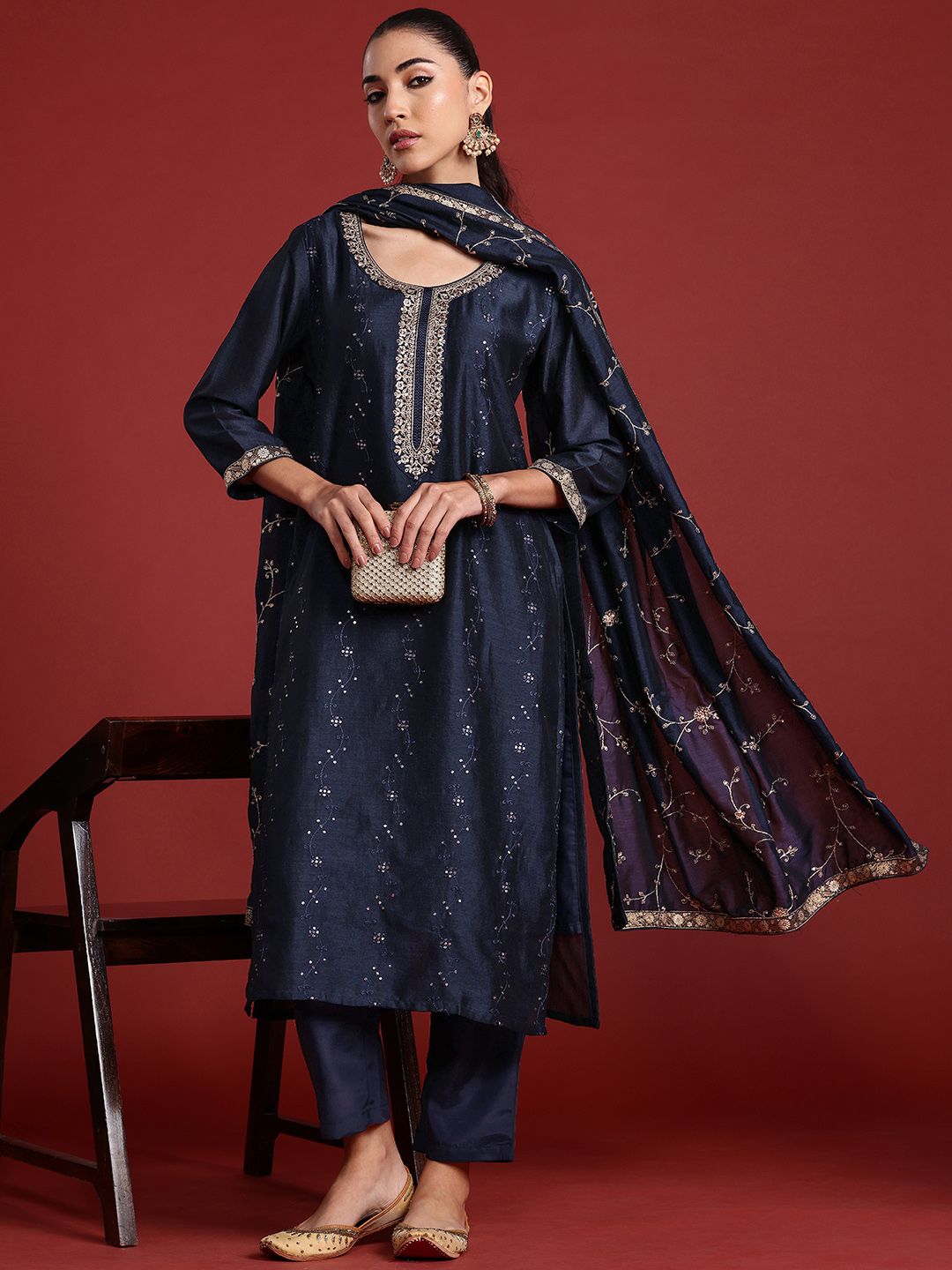 Dhiyona IE Floral Embroidered Sequinned Kurta With Trousers & Dupatta