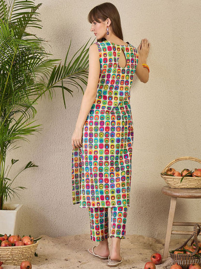 Geometric Printed V-Neck Pure Cotton Kurta With Trousers