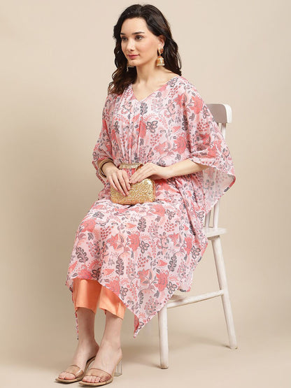 Dhiyona VA Women's Peach-Coloured Ethnic Motifs Printed Kaftan Kurta with Trousers