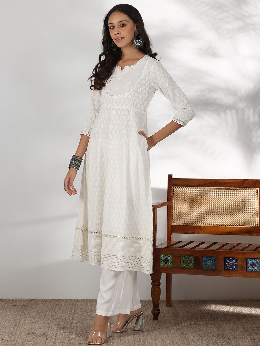 Dhiyona LB Women's Embroidered Mirror Work Pure Cotton Anarkali Kurta With Palazzo & Dupatta