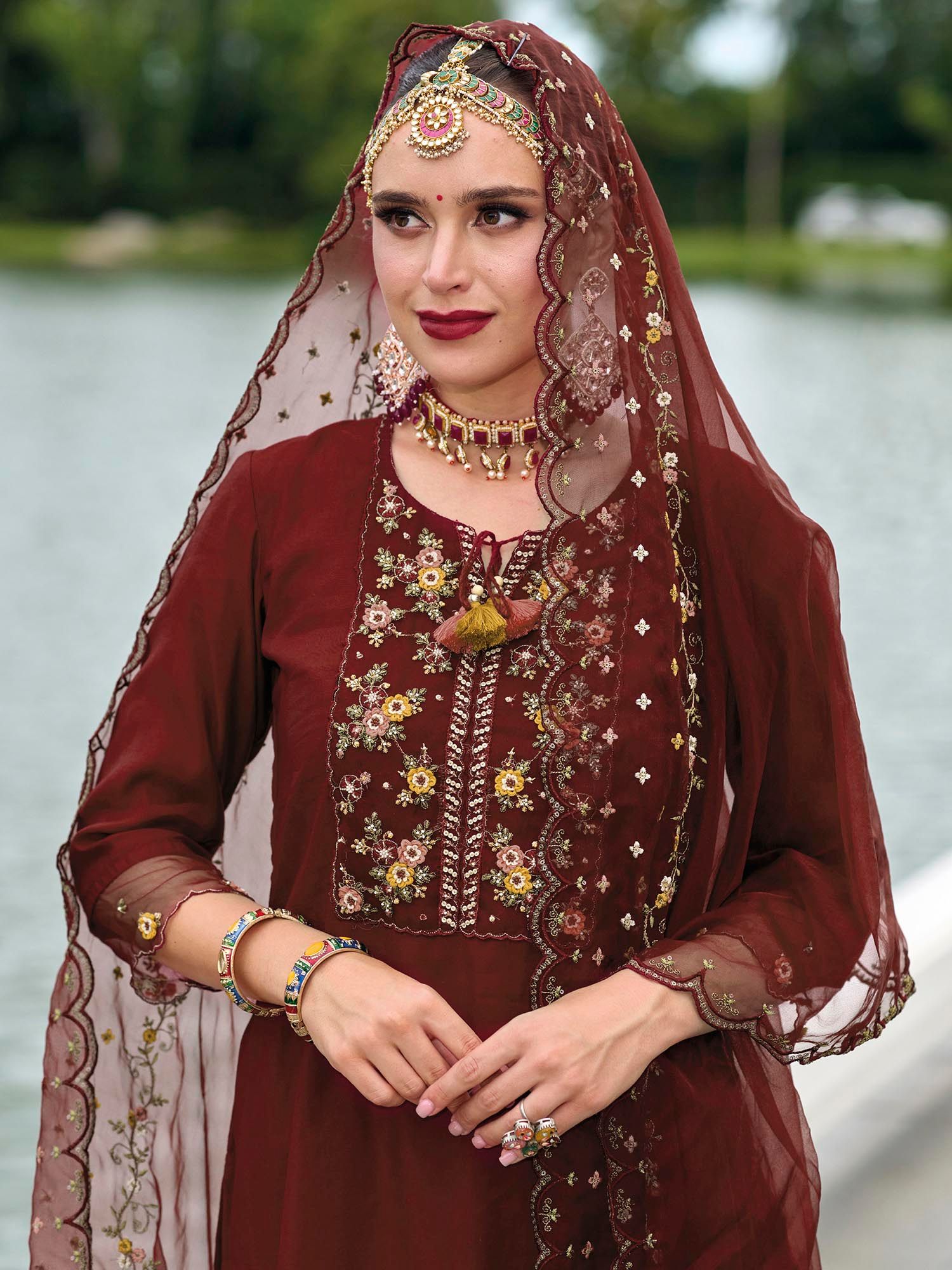 Maroon Floral Yoke Design Thread Work Straight Kurta & Trousers With Dupatta