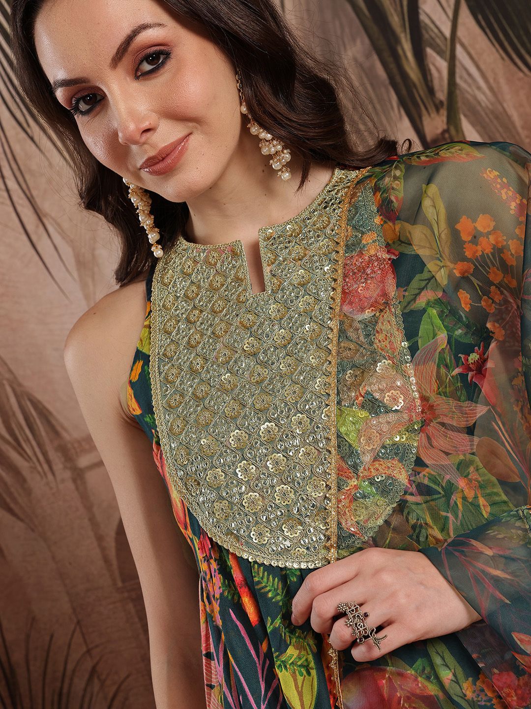Dhiyona SN Women's Floral Printed Pleated Sequinned Kurta with Dhoti Pants & Dupatta