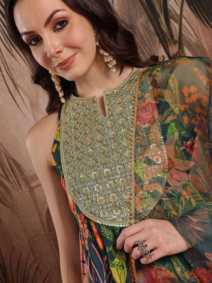 Dhiyona SN Women's Floral Printed Pleated Sequinned Kurta with Dhoti Pants & Dupatta