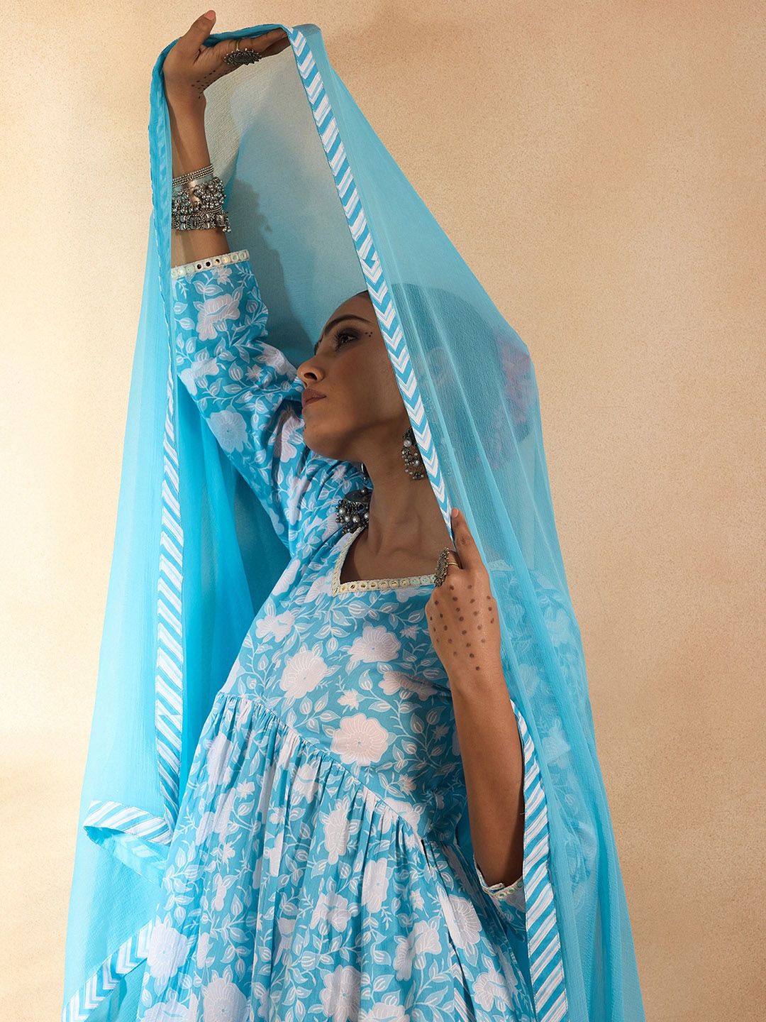 Floral Printed Empire Mirror Work Cotton A-Line Kurta with Trousers & Dupatta