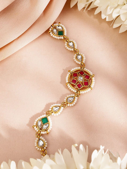 Dhiyona RJ Women's 18K Gold-Plated Red, Green & White Kundan & Pearl Beaded Matha Patti Head Jewellery