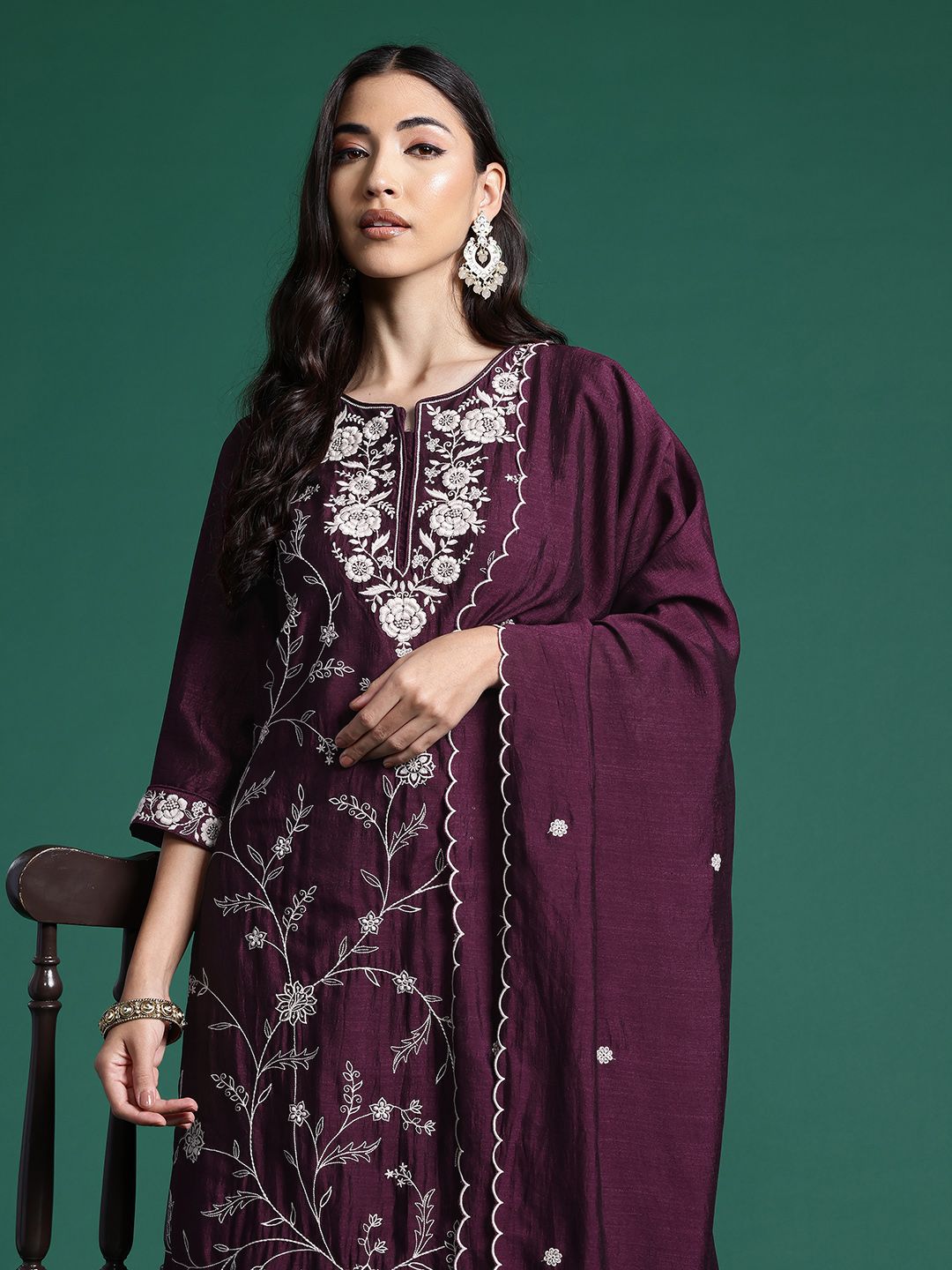 Floral Embroidered Sequinned Kurta With Trousers & Dupatta