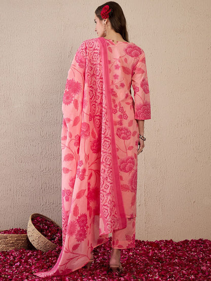Dhiyona IE Women Floral Printed Regular Pure Cotton Kurta with Trousers & With Dupatta