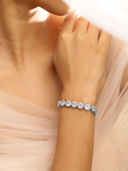 Dhiyona RJ Women's Rhodium Plated White Cubic Zirconia Studded Tennis Bracelet & Luxe
