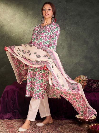 Dhiyona IE Floral Printed Pure Cotton Straight Kurta With Trousers & Dupatta