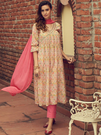 Dhiyona IS Women's Ethnic Motifs Printed Mirror Work Empire Anarkali Kurta with Trousers & Dupatta