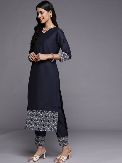 Women Navy Blue Embroidered Kurta with Trousers & With Dupatta