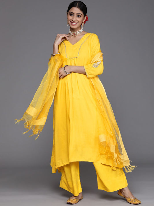 Dhiyona VA Women's Yellow Yoke Design Kurta with Palazzos & With Dupatta