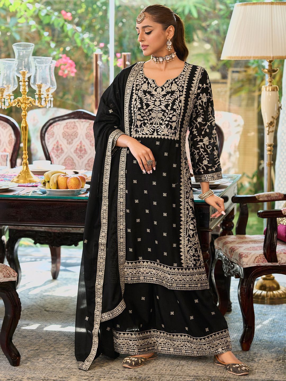 Floral Embroidered Round Neck Mirror Work Straight Kurta With Palazzos & Dupatta