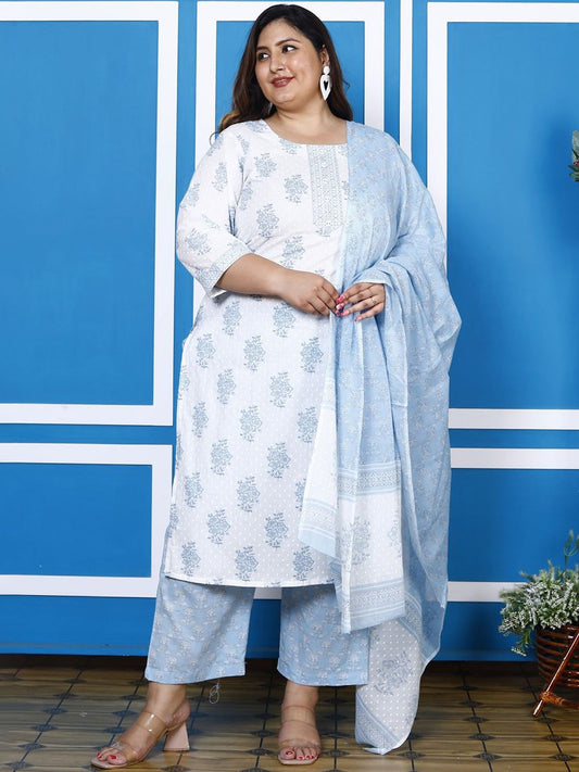 Dhiyona KL Plus Size Floral Printed Sequin Pure Cotton Straight Kurta With Trousers & Dupatta