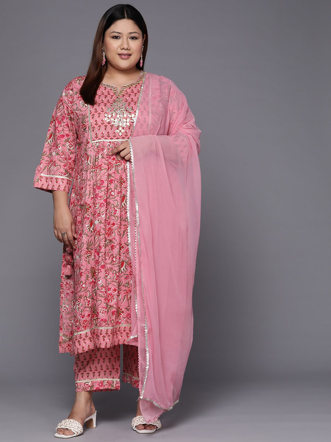 Dhiyona VA Women's Pink Floral Printed Gotta Patti Pure Cotton Kurta with Trousers & Dupatta