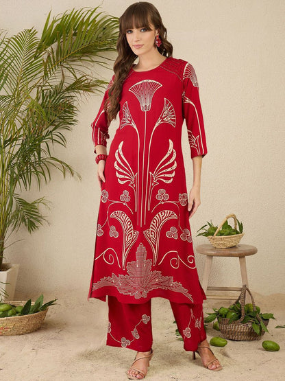 Dhiyona IE Ethnic Motifs Printed Round Neck Beads & Stones Straight Kurta With Palazzos