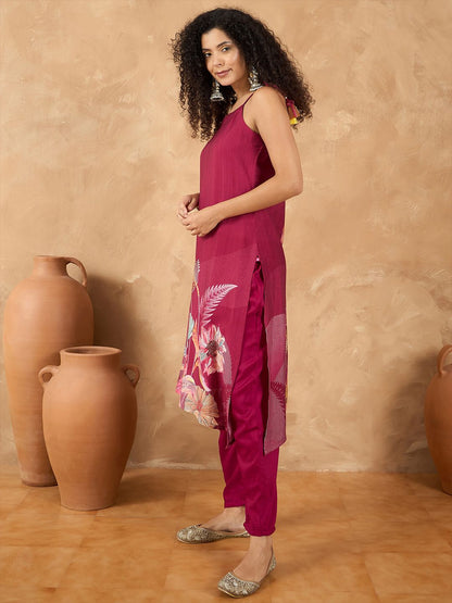 Dhiyona VA Women'sSpaghetti Tie Up Strap Floral Kurta with Trousers