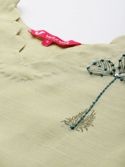 Dhiyona VA Women's Floral Embroidered Thread Work Chanderi Cotton Kurta with Trousers & Dupatta