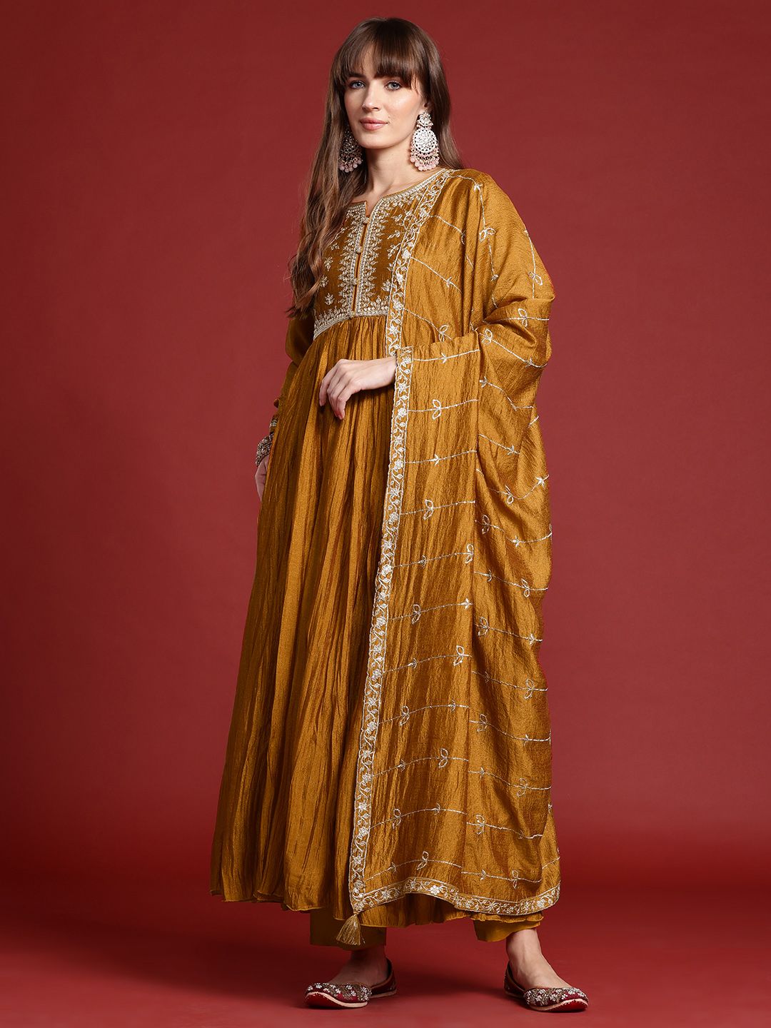 Floral Embroidered Pleated Zari Kurta With Trousers & Dupatta