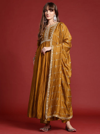 Floral Embroidered Pleated Zari Kurta With Trousers & Dupatta