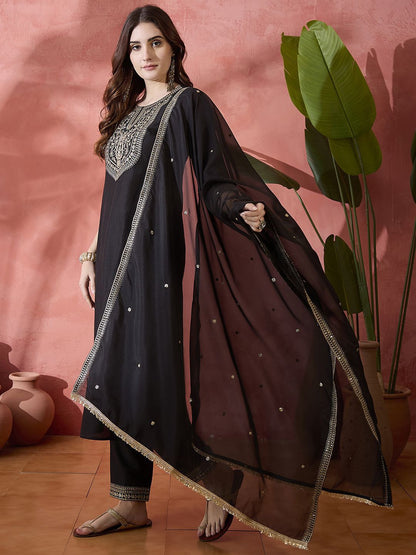 Dhiyona SN Women's Floral Embroidered Round Neck A-Line Kurta With Trousers & Dupatta