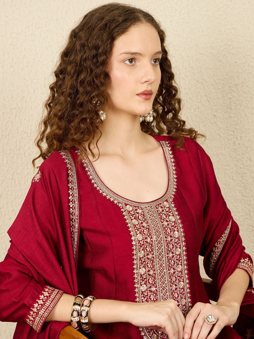 Ethnic Motifs Embroidered Sequinned Anarkali Kurta with Trousers & Dupatta