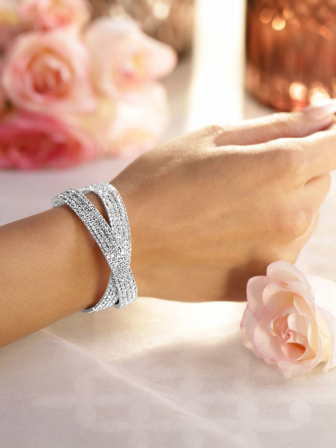 Dhiyona RJ Women's Rhodium-Plated Crystals Stone Studded Cuff Bracelet