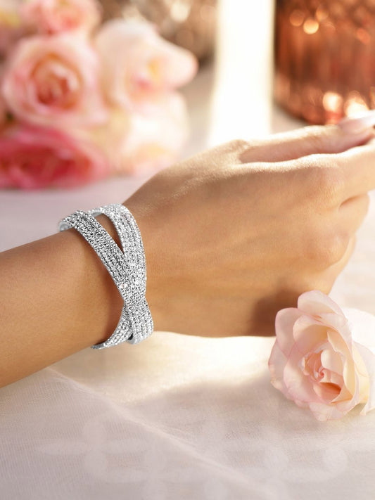 Dhiyona RJ Women's Rhodium-Plated Crystals Stone Studded Cuff Bracelet