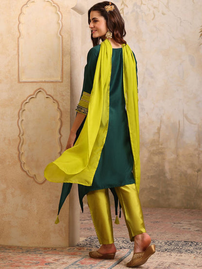 Dhiyona SN Women's Embroidered Sweetheart Neck Cotton Silk Kurta With Trouser And Dupatta