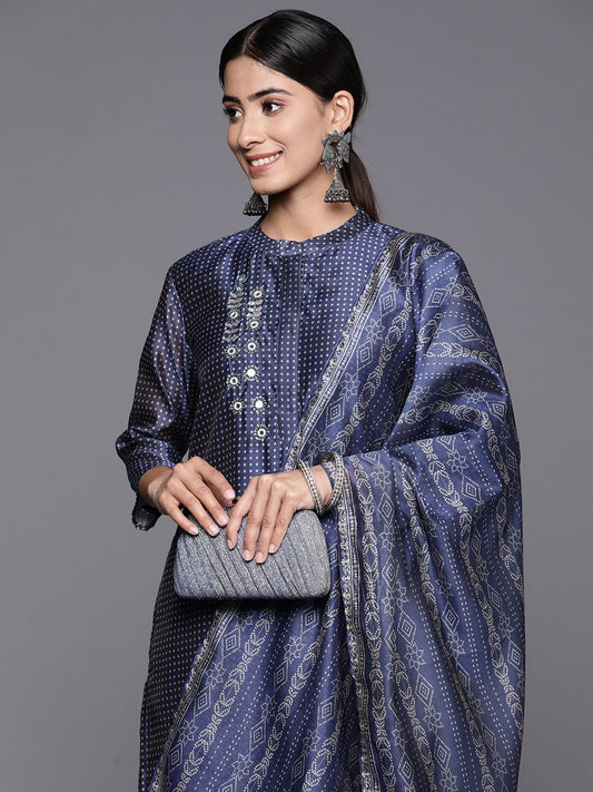 Dhiyona VA Women'sBandhani Printed Regular Mirror Work Kurta with Trousers & With Dupatta