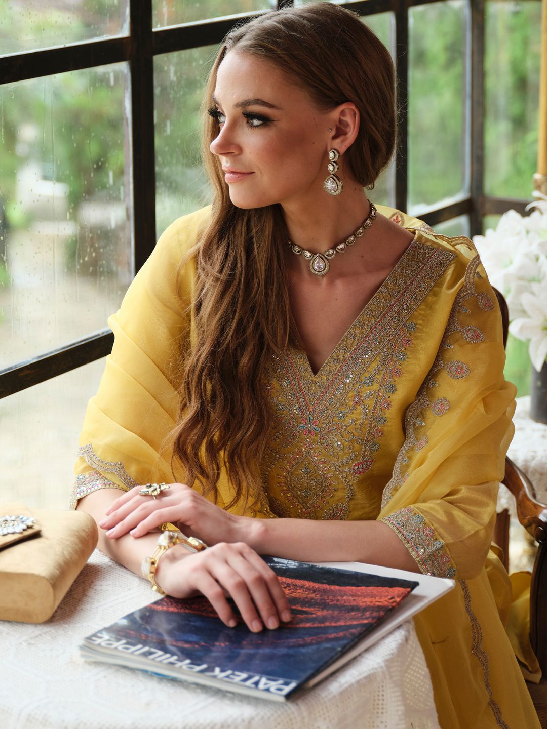 Dhiyona IE Floral Yoke Design Sequnnied Straight Kurta With Trousers & Dupatta