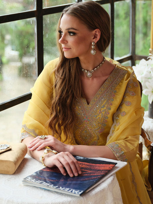 Dhiyona IE Floral Yoke Design Sequnnied Straight Kurta With Trousers & Dupatta