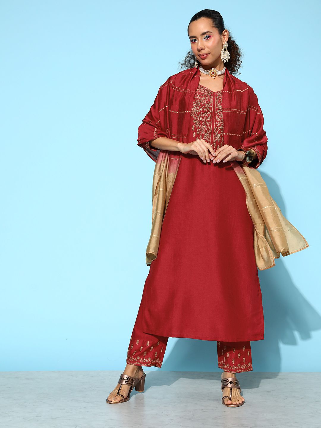 Dhiyona VA Women's Maroon Ethnic Motifs Embroidered Kurta With Trousers & Dupatta