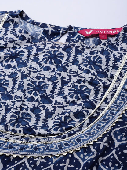 Dhiyona VA Women's Blue Floral Printed Gotta Patti Pure Cotton Kurta with Sharara