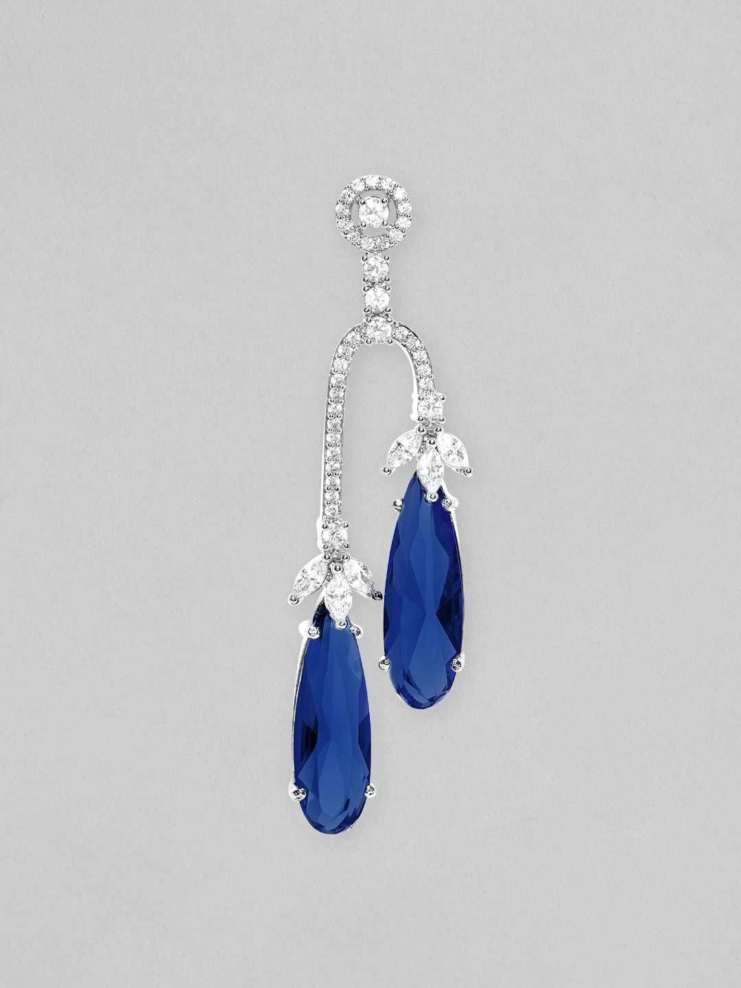 Dhiyona RJ Women's Rhodium Plated Blue Sapphire & Cubic Zirconia Studded Teardrop shaped Drop Earrings