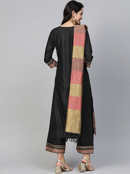 Dhiyona IE Women Black & Golden Solid Kurta with Palazzos & Dupatta