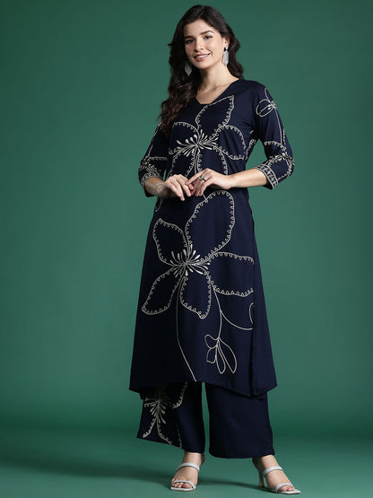 Dhiyona IE Floral Printed Mirror Work Kurta with Trousers