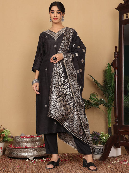 Dhiyona VA Women'sEthnic Motifs Woven Design Zari Pure Silk Straight Kurta With Trouser & Dupatta